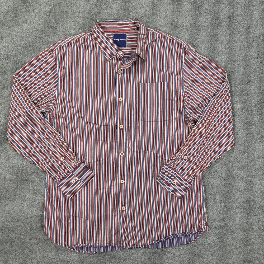 Tommy Bahama Shirt Mens Large Blue Striped Button Down Long Sleeve Silk Blend